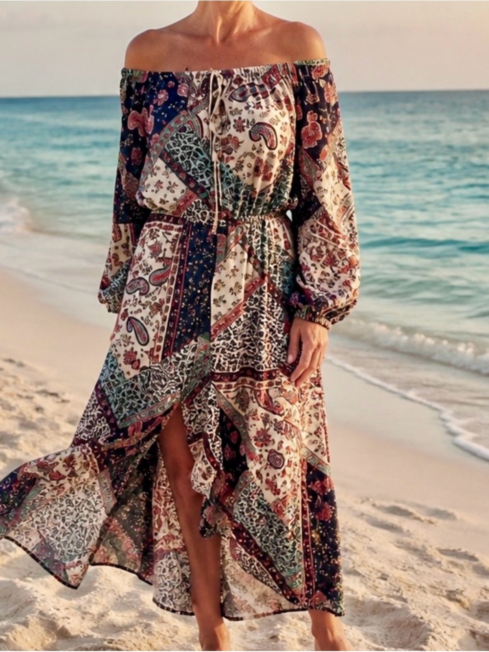 VENUS Paisley Patchwork Maxi Dress - Navy & Cream